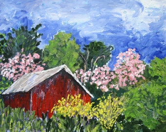 Country landscape Giclee Art Print "A Burst Of May",old red barn,flowering trees,springtime ,wall art from my original acrylic painting,