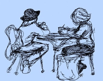 Art Print of my original pen and ink drawing,"Shopping Break",Giclee Print sketch in black on blue,two woman friends sitting with coffee