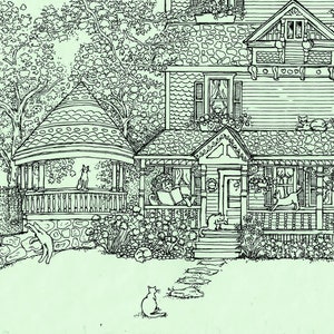 Könnte beinhalten: Detaillierte Schwarz-Weiß-Illustration eines zweistöckigen Hauses mit Veranda, Pavillon und üppiger Landschaftsgestaltung. Katzen sind in der gesamten Szene zu sehen, auf dem Dach, der Veranda und im Garten. Eine Person liest auf der Veranda.