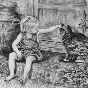 Könnte beinhalten: Eine Bleistiftzeichnung zeigt ein Kind, das eine getigerte Katze streichelt. Das Kind, in einem Kleid, sitzt auf einer Steinstufe neben einem großen Metallbehälter. Die Katze befindet sich rechts, teilweise von Blättern verdeckt. Die Szene vermittelt Kindheit und Freundschaft.