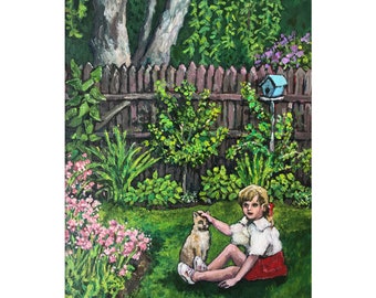 Original Painting green garden landscape-realistic acrylic painting-flowers-cat-girl portrait-summer outdoors nature botanical wall art