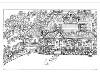 House of Cats ,Victorian cottage, Giclee Print of my Original Pen and Ink drawing, detailed art, whimsical black and white wall art, cats