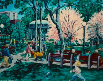 Boston Park Giclee Art Print, acrylic painting , Springtime, Flowering Trees, People in the park, "Chasing Pigeons", genre art, wall art