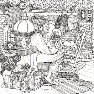 Adult Coloring Page - Instant Printable Download - "The Craftmaker" - busy room interior-a picture to color or frame - detailed pen drawing