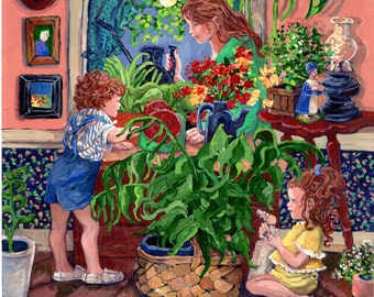 Watering the Plants Fine Art Acrylic Painting Giclee Print,Indoor Garden, Mom and kids colorful domestic scene, contemporary wall art