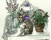 Cat Fine Art Original Watercolor Painting, Grey Tabby Cat, Still life with Plants and Flowers, interior scene, Cat Lovers gift, handsigned