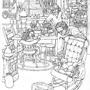 Adult Coloring Page - Family at Home - Instant Printable Download - a picture to color or frame - detailed pen drawing - color art for kids