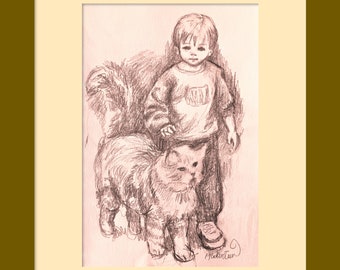 MY PET and ME Custom Portrait- Handgezeichnete personalisierte Originalkunstwerk aus fotorealistischer Bleistiftdarstellung, Größeauswahl, zwei Themen