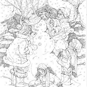 Könnte beinhalten: Schwarz-Weiß-Illustration einer Winterszene mit Menschen, die einen Schneemann bauen. Das Bild zeigt Bäume, Schnee und Personen in Winterkleidung. Die Signatur des Künstlers ist unten rechts zu sehen.