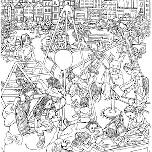 Könnte beinhalten: Schwarz-Weiß-Strichzeichnung einer Spielplatzszene mit Kindern, die auf Schaukeln, einer Wippe und Klettergerüsten spielen. Im Hintergrund eine Stadtlandschaft und Gebäude. Ein Ballon schwebt in der Mitte.