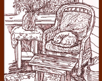 Sleeping Cat Fine Art Print, cat in big porch chair, Giclee Print from my original pen drawing , peaceful domestic setting, handsigned