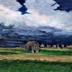 Cloudy Sky Landscape Painting-Giclee Print-moody countryscape-little old barn-pastoral painting print- &quot;After The Rain&quot; -handsigned wall art
