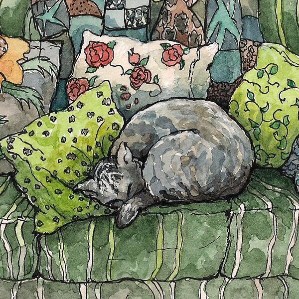 Cat Art Watercolor PRINT,Sleeping cat on a couch with pillows,cat lovers gift,handsigned print of original painting by Patty Fleckenstein