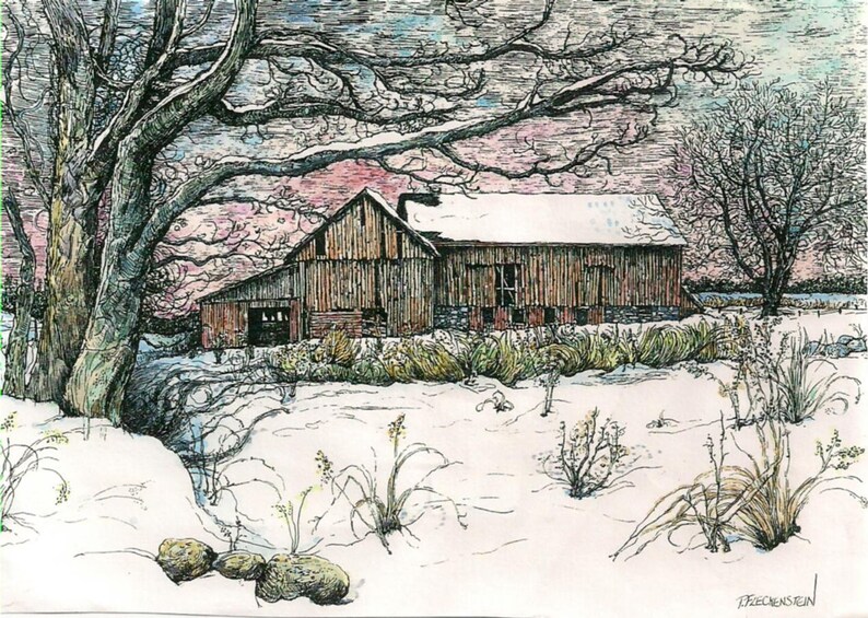 Watercolor and Pen&Ink Winter Barn ART PRINT Landscape Old Etsy