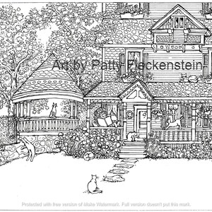 Könnte beinhalten: Eine Schwarzweiß-Zeichnung eines Hauses mit Veranda und Pavillon. Es gibt viele Katzen im Garten und auf der Veranda. Der Text "Art by Patty Fleckenstein" ist auf dem Haus zu sehen.