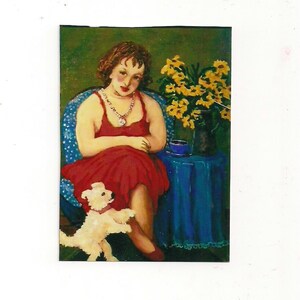 Portrait painting of Sitting Woman and Little Dog, Art Print of my original acrylic painting, colorful wall art, domestic scene fine art