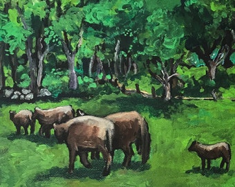 Cow Art Giclee Print, country landscape painting, rural pastoral green countryscape, blue water, cows in pasture "Cow Parade"