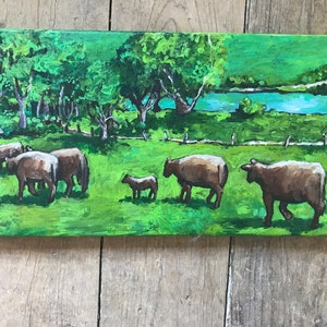 Cow Art Original Painting-landscape acrylic painting-cows in the pasture wall art-fine art countryscape-bucolic pastoral original painting