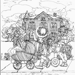 Könnte beinhalten: Eine Schwarzweißillustration von drei Mädchen, die mit einem Kinderwagen auf einem Bürgersteig entlanggehen. Die Mädchen tragen Kleider und Hüte. Das Haus im Hintergrund ist ein zweistöckiges viktorianisches Haus mit einer Veranda und einer Haustür.