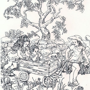 Könnte beinhalten: Schwarz-Weiß-Strichzeichnung von Kindern, die im Freien spielen. Ein Kind zieht einen Holzkarren mit zwei Kindern darin. Im Hintergrund ein großer Baum mit Blüten. Die Illustration ist signiert.