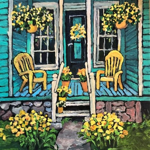 Original Painting &quot;YELLOW PORCH&quot;,original acrylic painting,yellow flowers,country farmhouse porch,landscape painting,8x10 colorful wall art