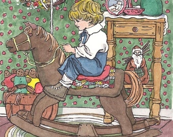 Cute Picture for Child's Room ,colorful art print handsigned, little boy, antique rocking horse, vintage style pen/ink and watercolor print