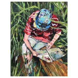 Impressionism Acrylic Painting Fine Art Giclee Print, painterly style, woman looking at a book, green nature scenery, handsigned wall art