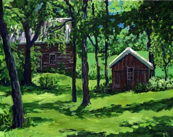 Fine Art Acrylic Painting ART PRINT of my original painting,Country Landscape,Nature,Old Barn,Trees, Summertime "Green Sunshine" handsigned