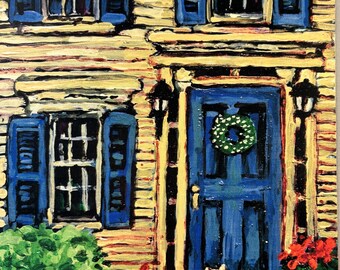 Pintura o lámina ORIGINAL, casa amarilla caprichosa, gato en la puerta principal.