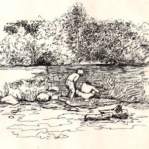 Pen and Ink Drawing Giclee Print, Children Playing outdoors, Summertime, Nature, Water, landscape drawing, black and white art, handsigned