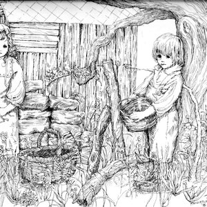 Adult Coloring Page - Printable download to color- nostalgic childhood- rustic country farm -little friends- detailed pen and ink drawing