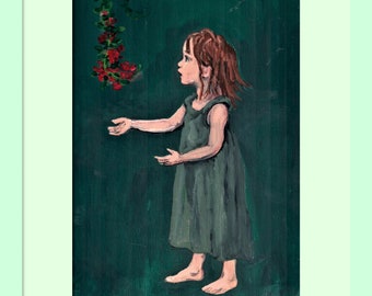 Fine Art  Acrylic Painting Giclee Print, Little Girl and red hanging fowers, handsigned wall art for girls room, nursery decor, cute picture