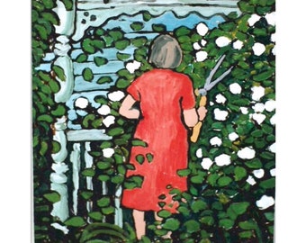 Fine Art Print domestic scene,woman at home,flowering bush,figure in red dress,handsigned wall art print from my original acrylic painting