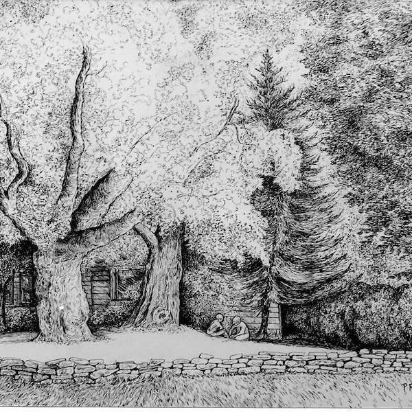 Pen Drawing GICLEE ART PRINT- nature landscape- detailed realistic handsigned Fine Art- pen and ink trees- Our Home Children playing