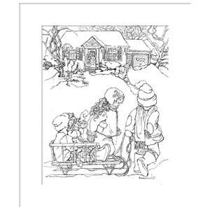 Könnte beinhalten: Schwarz-weiß-Zeichnung von drei Kindern, die einen Schlitten im Schnee ziehen. Die Kinder tragen Winterkleidung und Mützen. Im Hintergrund befindet sich ein Haus mit einem schneebedeckten Dach.