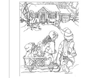 Pen and Ink Drawing Retro-look Vintage Childhood - Instant download Art Print - winter snow scene - Coloring Page or small wall art -DIY