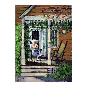 Woman on old porch rocking chair archival handsigned art print, &quot;The Empty Chair&quot; acrylic painting print, domestic scene, painterly wall art