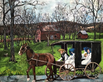 ORIGINAL ACRYLIC PAINTING "Sunday", Amish family, horse and buggy,country landscape painting,pastoral rural scene,original art,16x20 canvas