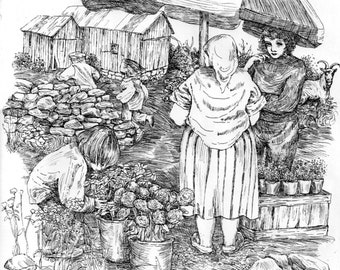 Pen Drawing Art Print "Summer's Bounty" Flower Sale,Country scene,woman,children,family,Print of Original Pen and Ink Drawing