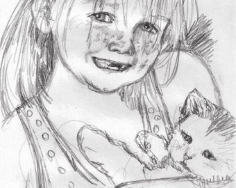 Little Girl and kitten Giclee Fine Art Print of my original pencil drawing,cat,girl portrait,child and pet portrait,handsigned wall art