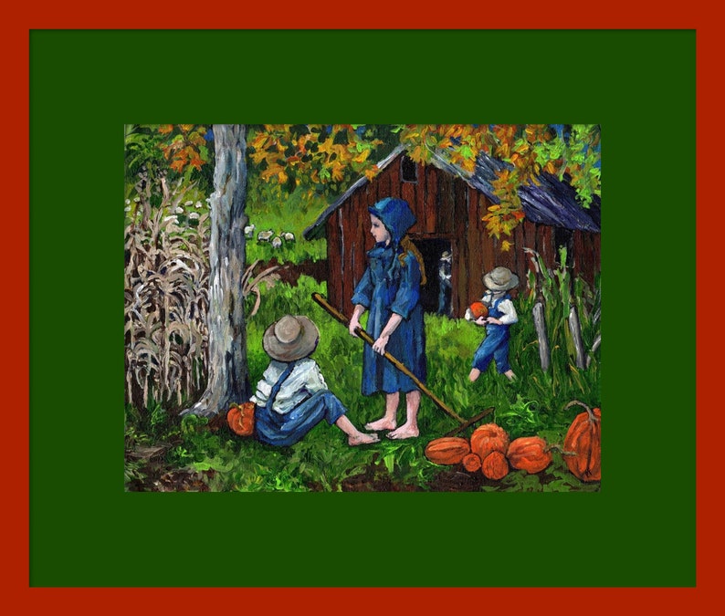 Amish Children on the Farm Giclee Print of My Original Painting, Country Rural Barn, Autumn