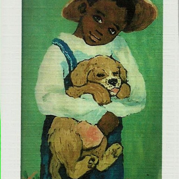 ACEO vintage-style Little Boy and Puppy hand-signed mini print,Artists Trading Card,African American child,cute adorable sweet country boy