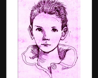 Pen Drawing Giclee Print, Boy Portrait, Fine art print from my original art, pink and burgundy, handsigned pen and ink realistic portrait