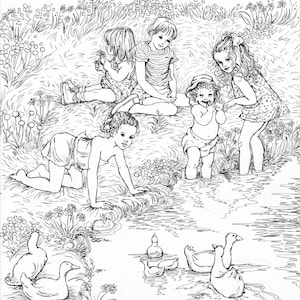 Könnte beinhalten: Schwarz-Weiß-Illustration von Kindern, die in der Nähe eines Teichs mit Enten spielen. Mehrere Kinder sind abgebildet, einige sitzen im Gras, andere in der Nähe des Wassers. Enten schwimmen im Teich. Das Kunstwerk hat einen skurrilen, märchenhaften Charakter.