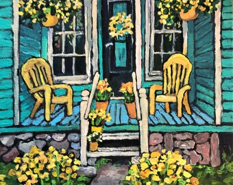 Fine Art Farmhouse Porch Acrylic Painting GICLEE PRINT, yellow flowers summertime, expressionism, blue, colorful bright wall art handsigned