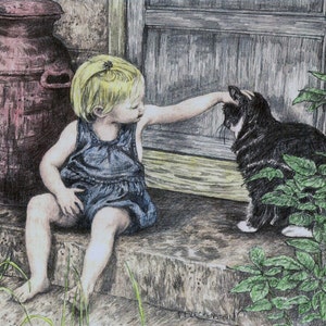 Archival Giclee Print vintage style country rustic wall art, small child and cat, handsigned pencil drawing print, cute nostalgic picture