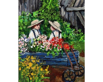 Amish Children Giclee Art Print, handsigned print of my original acrylic painting, barn, flowers, country farm, old wagon, colorful wall art