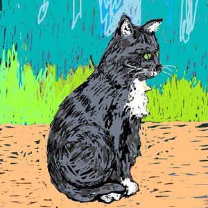 Könnte beinhalten: Eine künstlerische Illustration einer grau-weißen Katze, die sich im Freien aufhält. Die Katze hat grüne Augen und befindet sich vor einem Hintergrund aus grünem Gras und blauem Himmel. Das Kunstwerk ist mit "Pfeffenstein '14" signiert.