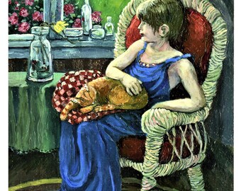 Sunny interior cat and girl Fine Art print- sleeping orange tabby cat- Acrylic painting Giclee print portrait of girl in wicker chair