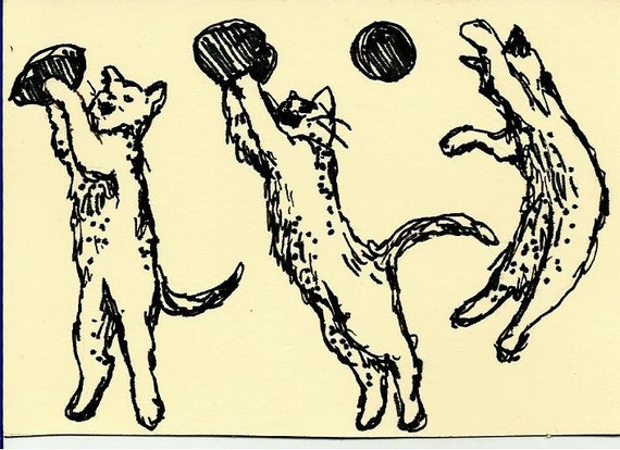 CAT Aceo ORIGINAL pen marker drawing Cat Art-ATC-"Play Time",Cat Lovers' Gift,cats playing,marker sketch Original Art,by Patty Fleckenstein